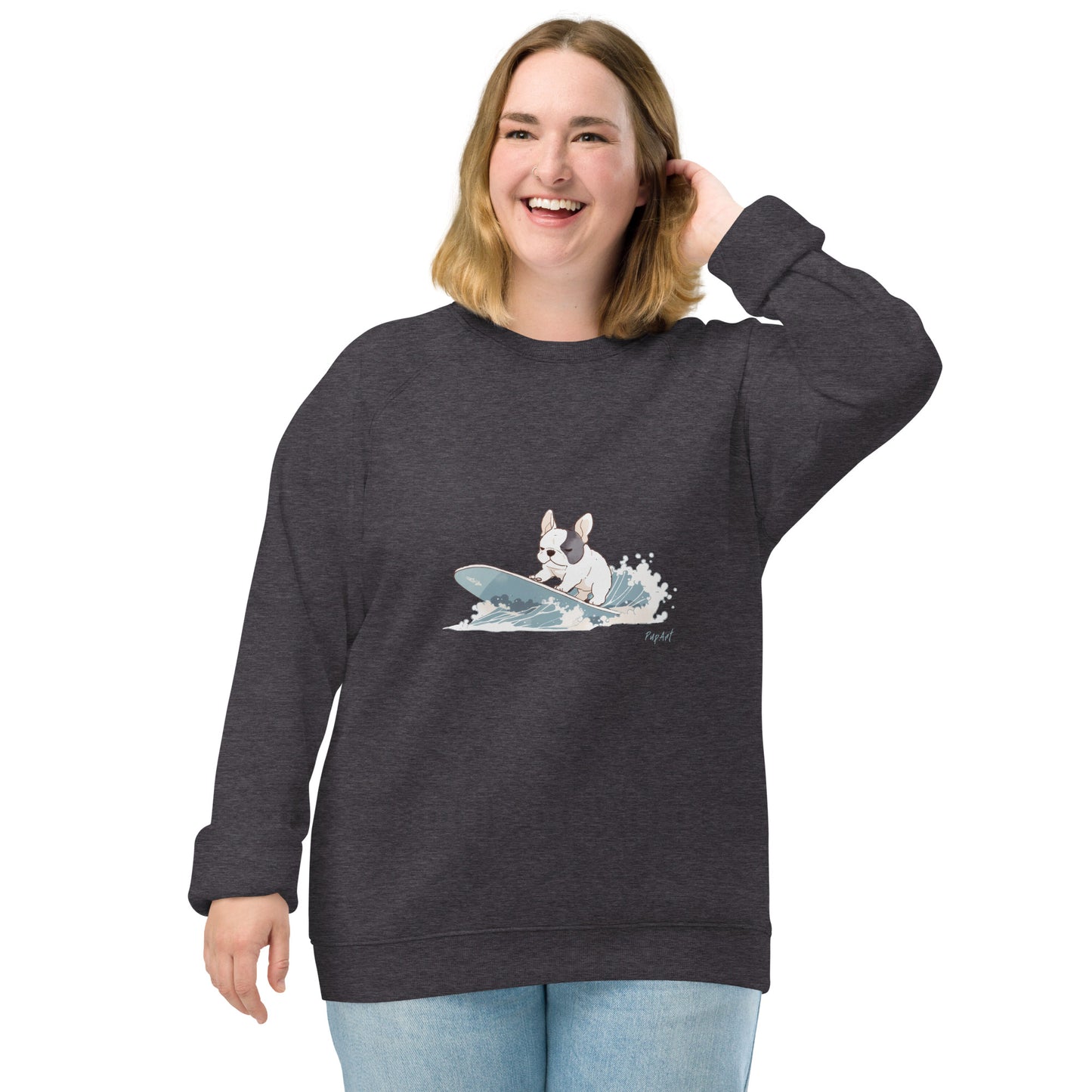 Unisex organic raglan sweatshirt with surfing french bulldog