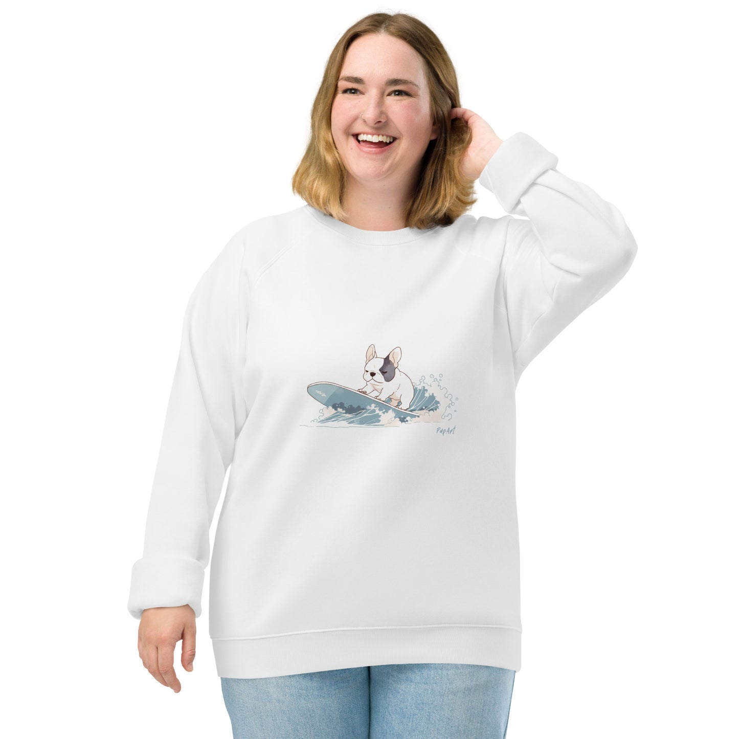 Unisex organic raglan sweatshirt with surfing french bulldog